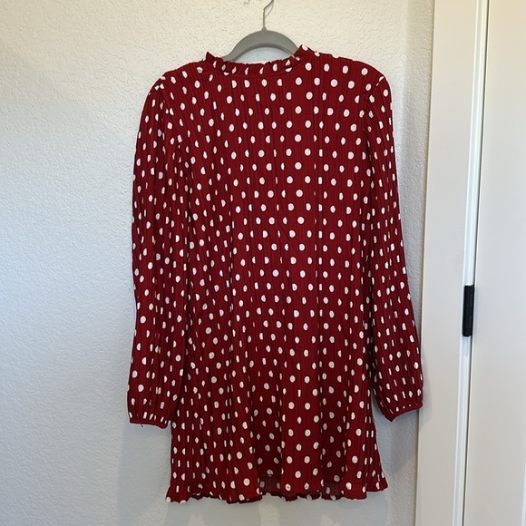 Lulus Pleat to Meet You Wine Red Polka Dot Long Sleeve Shift Dress - Picture 5 of 8